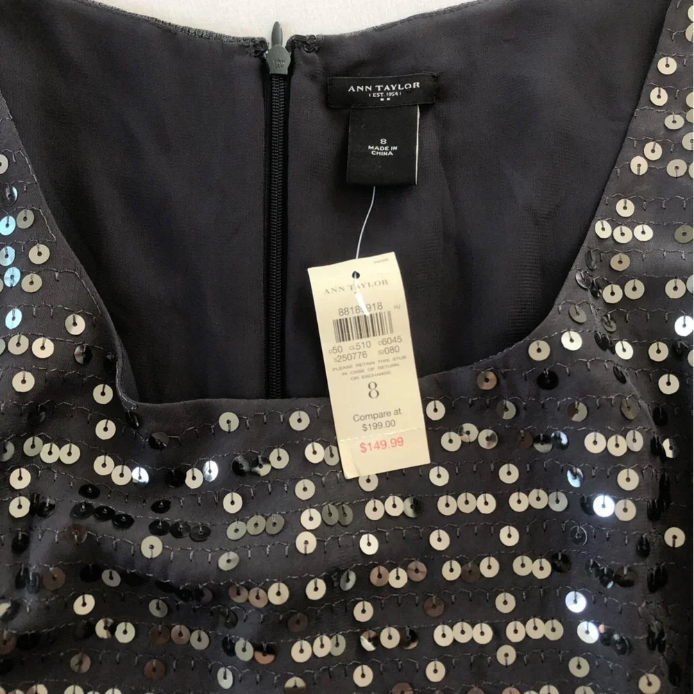 Ann Taylor Party Cocktail Gunmetal Silver Sequin Front Sheath Dress Size 8 NWT - Picture 7 of 14
